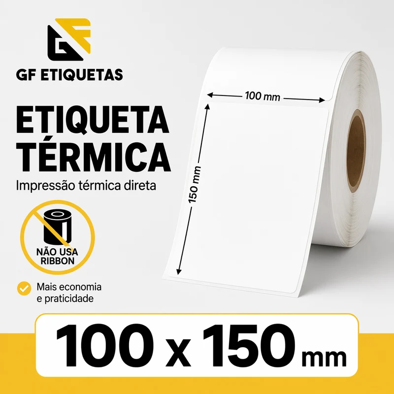 Arte oficial da etiqueta térmica GF 100 × 150 mm, com as dimensões do produto